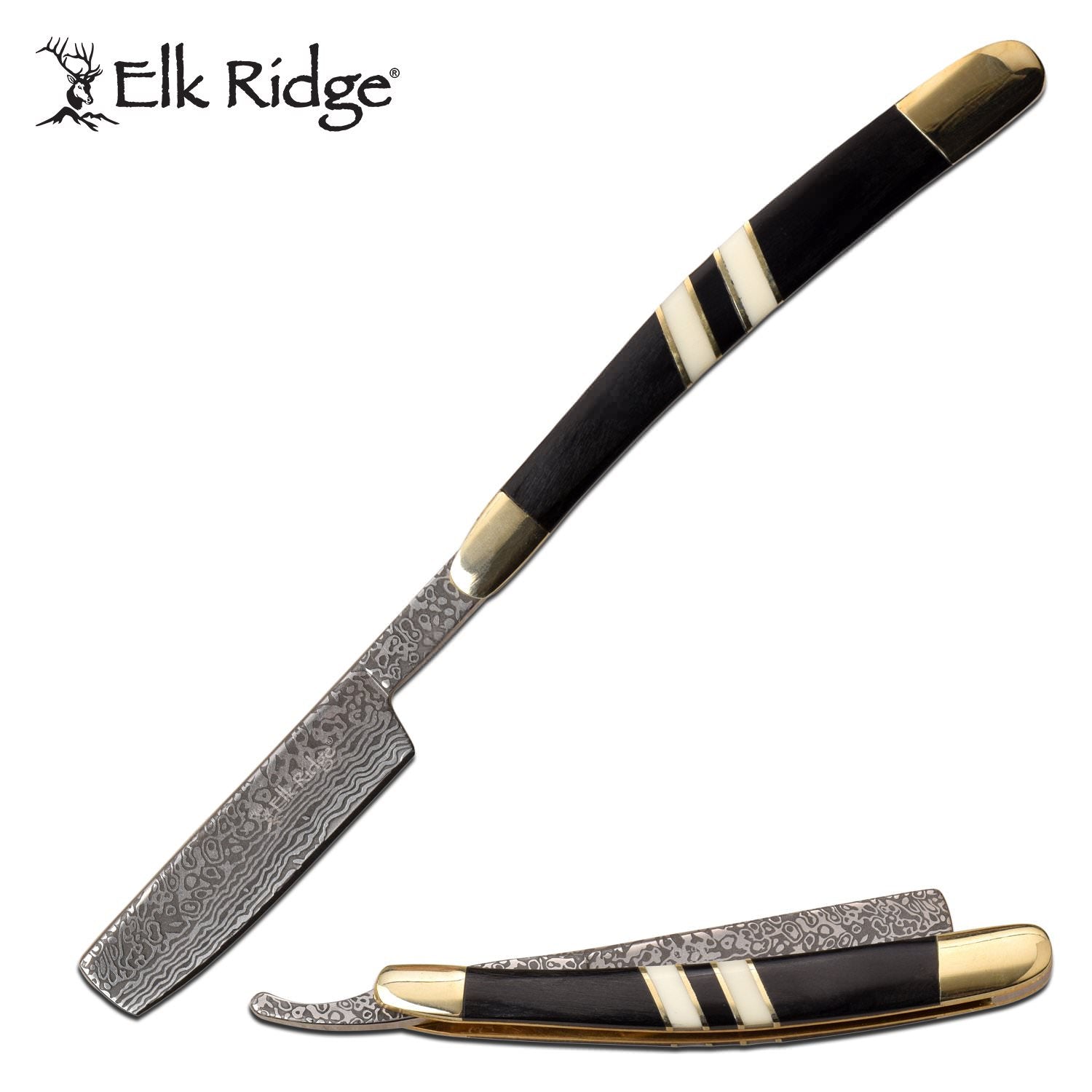 Straight Razor Elk Ridge 2.75" Damascus Etch Blade Black Wood White Bone Handle - Tophatter's Army Products & Self Defense Collectible Weapons - Tophatter Daily Deals